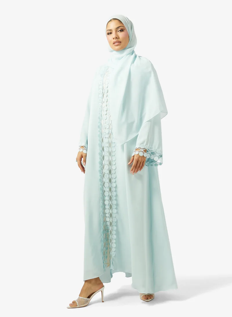 Lace Detailed Open Front V Neck Abaya