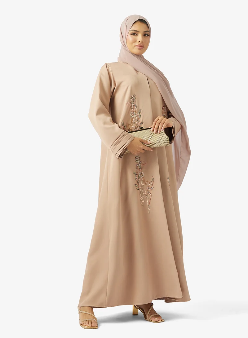 Floral Embellished Open Front Round Neck Abaya